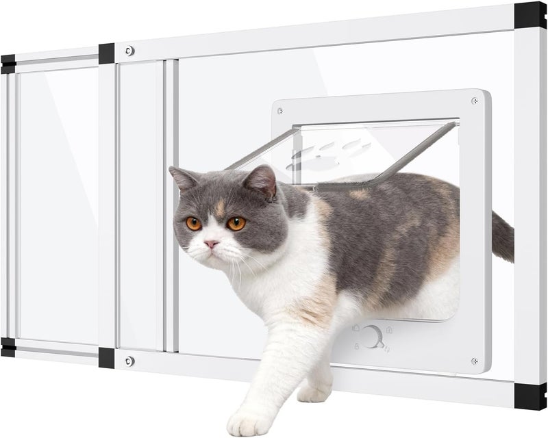 Yoochee Sliding Cat Door for Window, Fits 22"-28.5" Width Window, 2-Min Install | Aluminum Frame + HD Glass | Weatherproof Design | Magnetic Closure Window Cat Door Insert, Adjustable Pet Door Window for Cats - Image 1